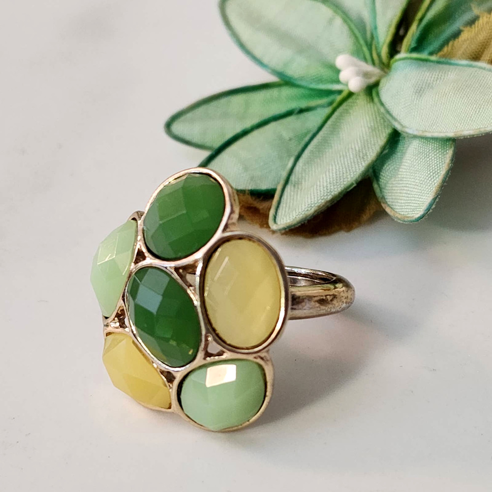 Designer Yellow & Green Multi-faceted Gemstone Cluster Flower Ring 7-9 (Insert)